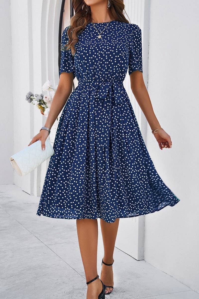 CWDSD7139_TEMPERAMENT CASUAL POLKA DOT LACE-UP PRINT DRESS