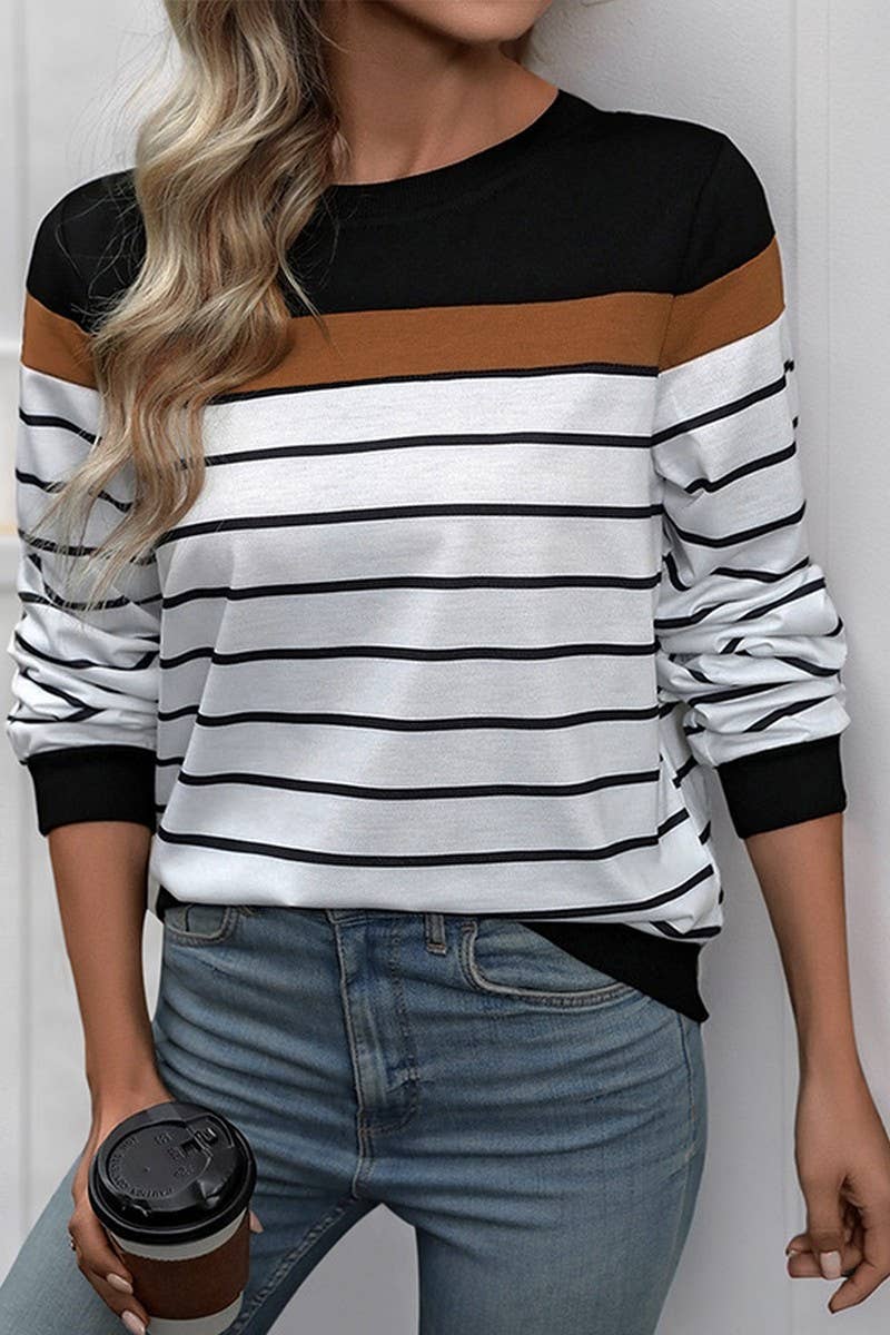 CWTBLL1737_CASUAL LONG-SLEEVED ROUND-NECK STRIPED SWEATSHIRT