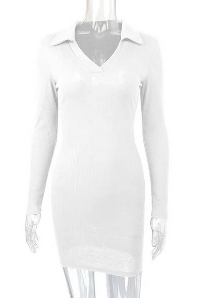 CWDSD7461_LAPEL RIBBED KNIT LONG SLEEVE BOTTOMING DRESS