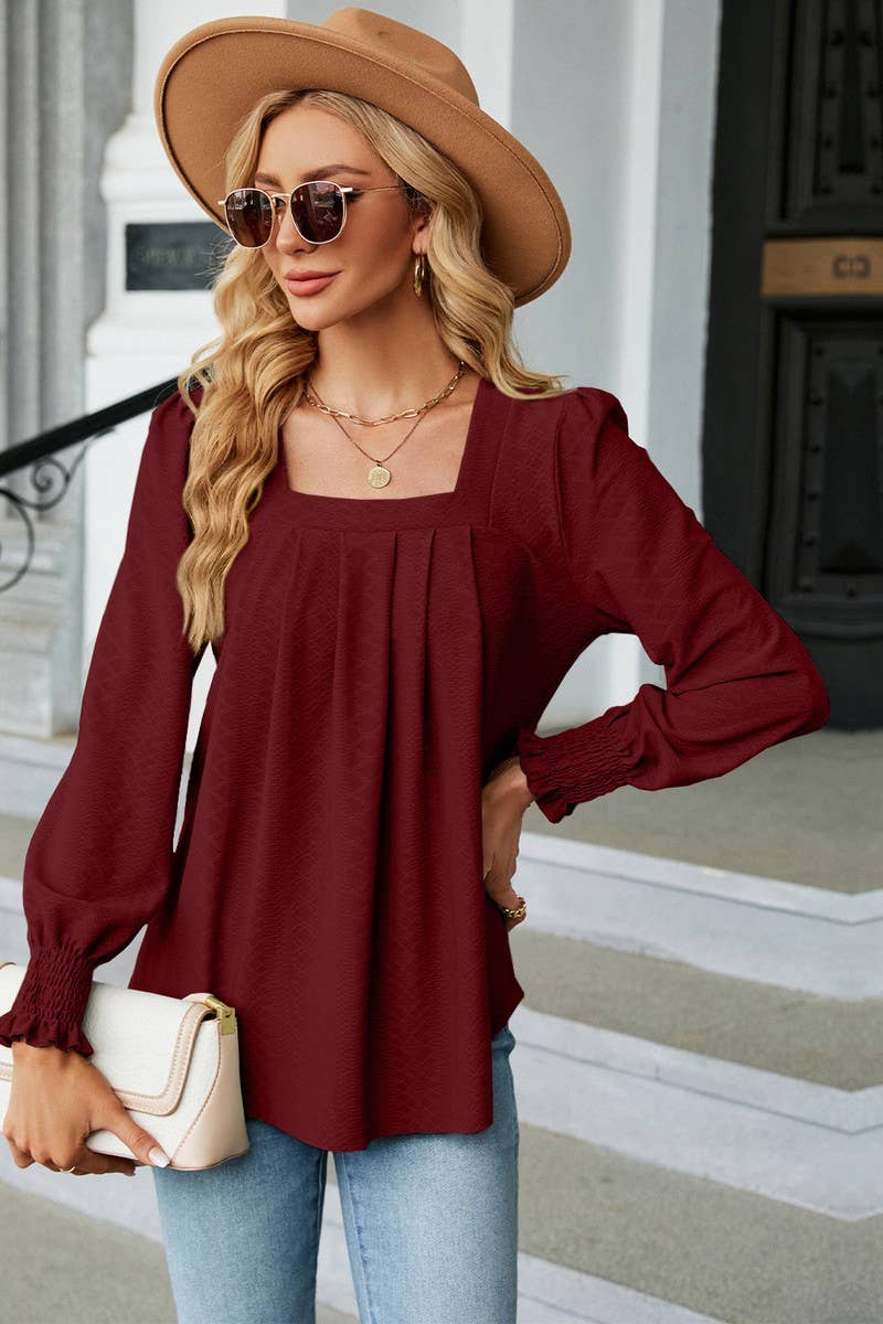 CWTBLL0194_WOMEN SQAURE NECK SHIRRED CUFF LONG SLEEVE BLOUSE