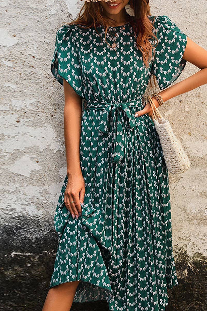 CWDSD2769_Round Neck Short Sleeve with Tie Dress