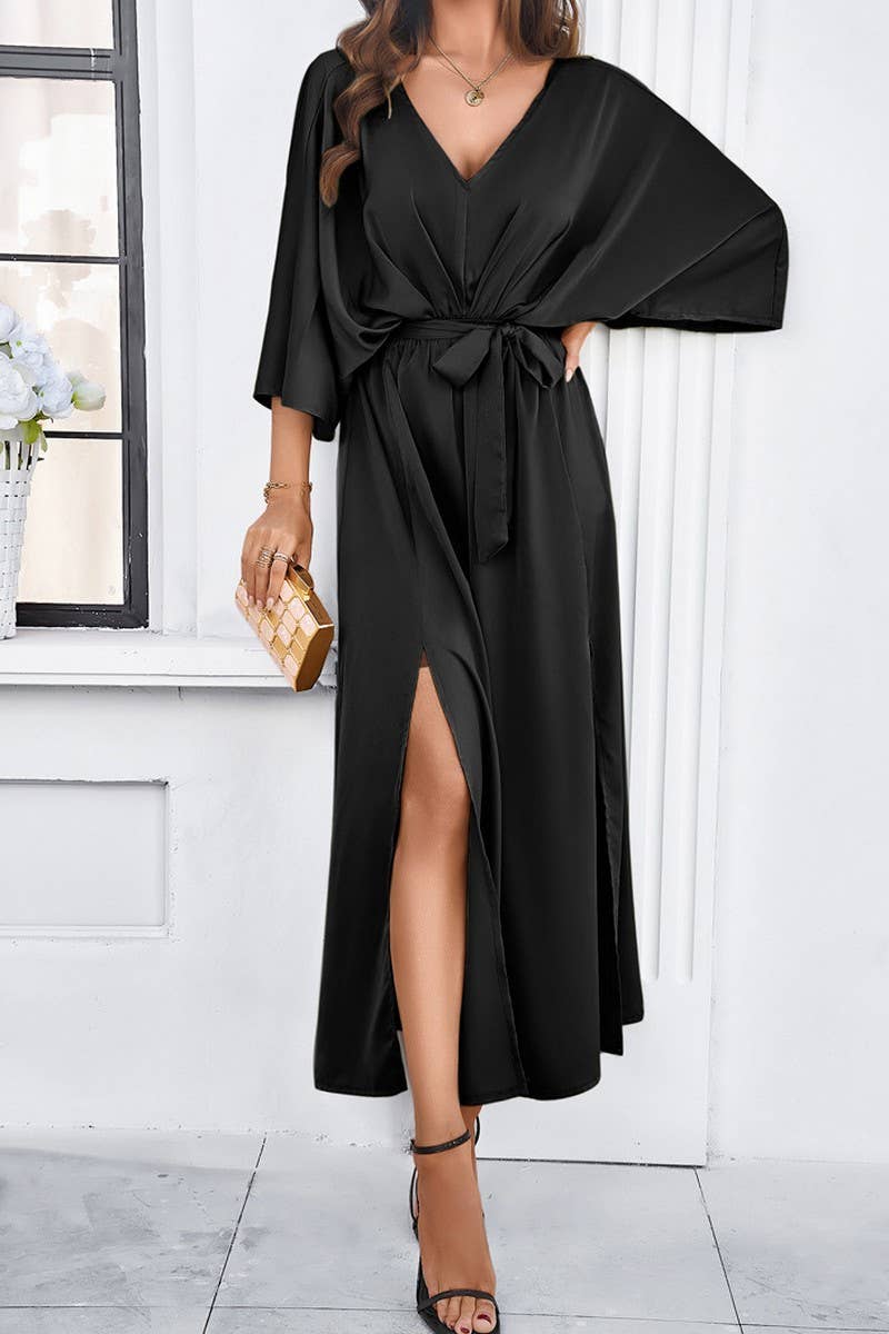 CWDMD1334_V-Neck 3/4 Sleeve With Belt Maxi Dresses