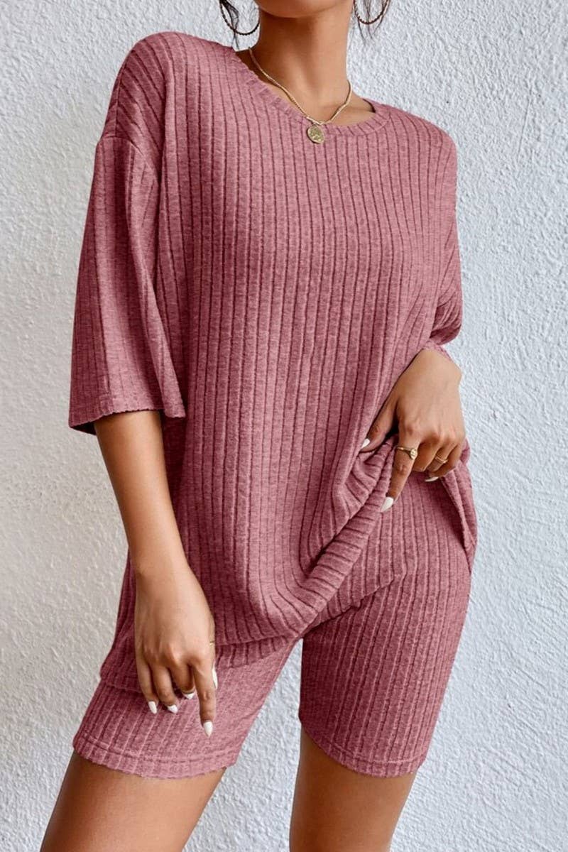 CWSTB1361_SOLID COLOR ROUND NECK LOOSE TOP AND SHORTS SET