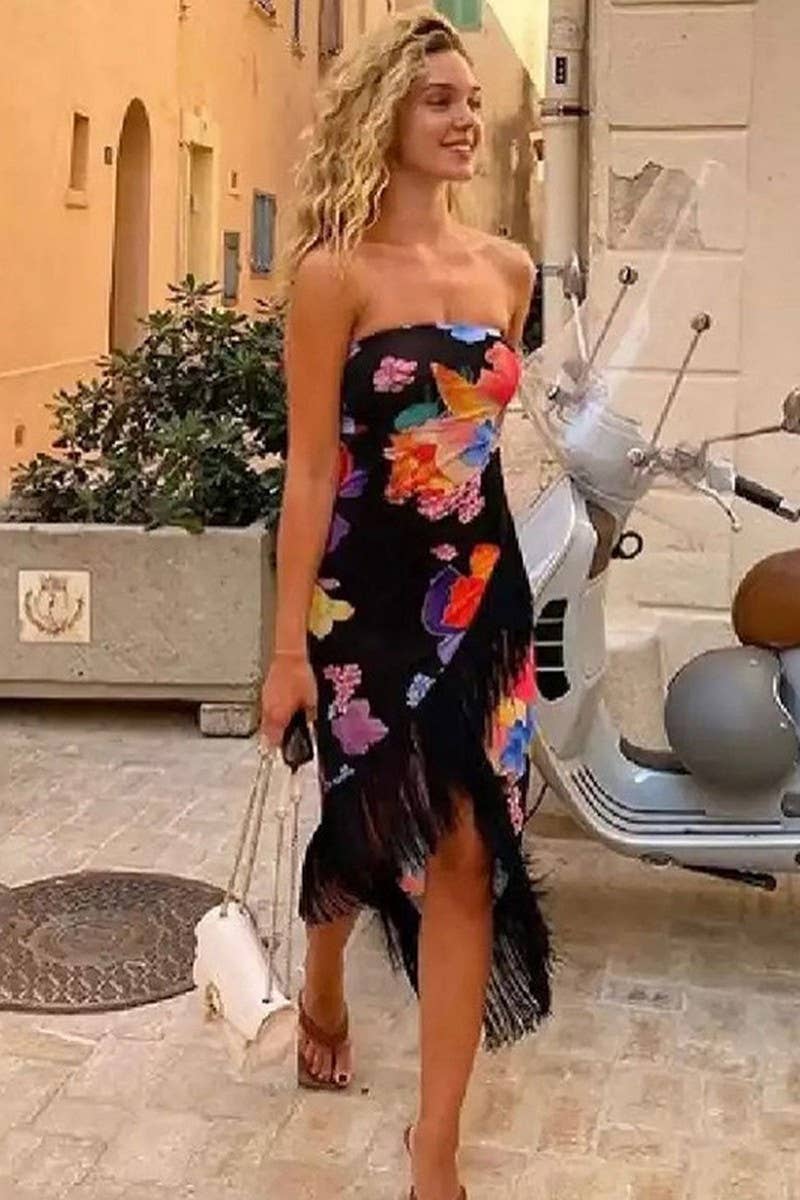 CWDTD0386_PRINTED TASSEL HALTER BACK SEXY SLIT DRESS