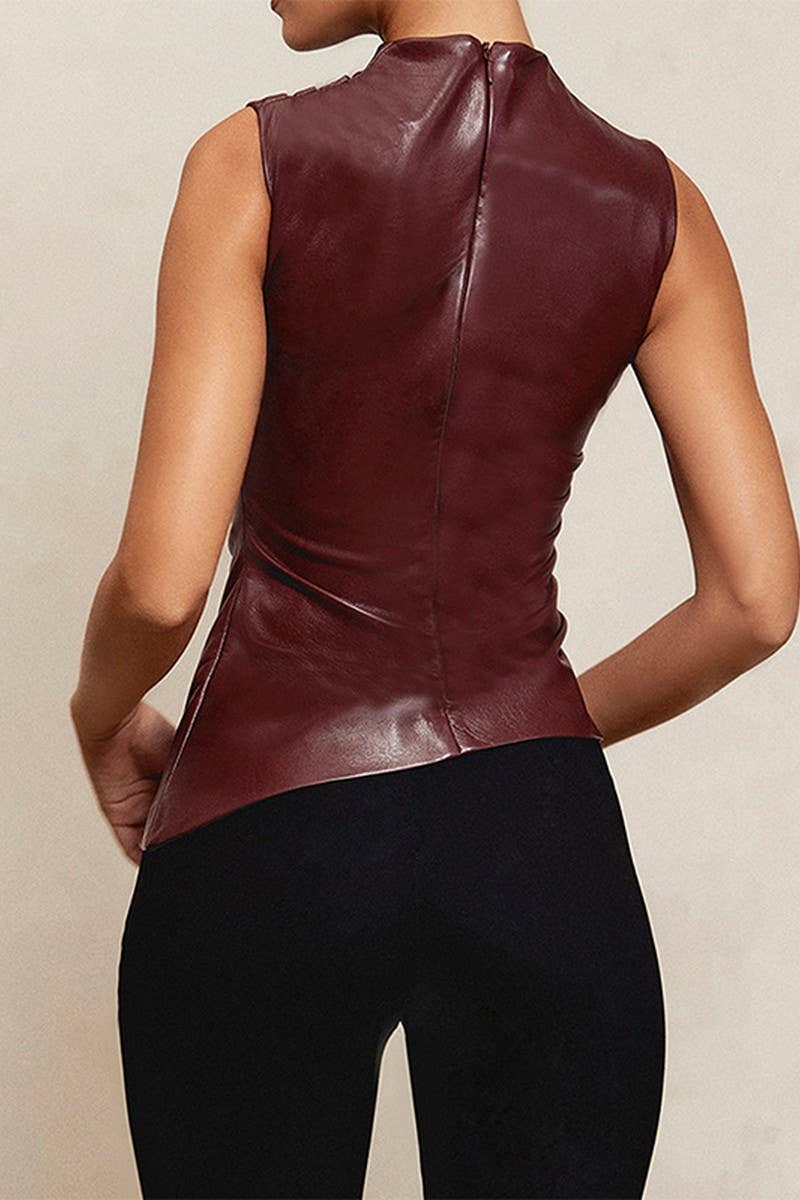 CWTBLSL01040_SLEEVELESS SLIM FIT ASYMMETRICAL LEATHER TOP