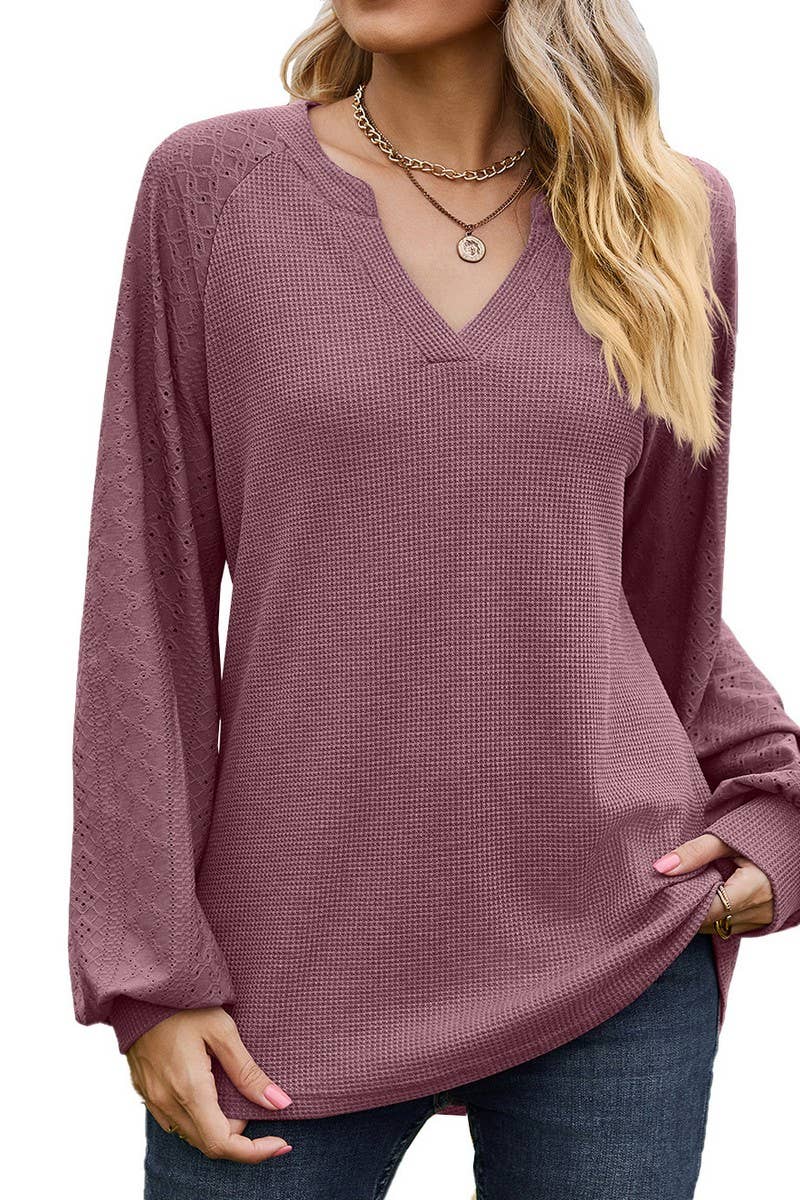 CWTBLL01313_V NECK WAFFLE KNIT SOLID LONG SLEEVE LOOSE TEE