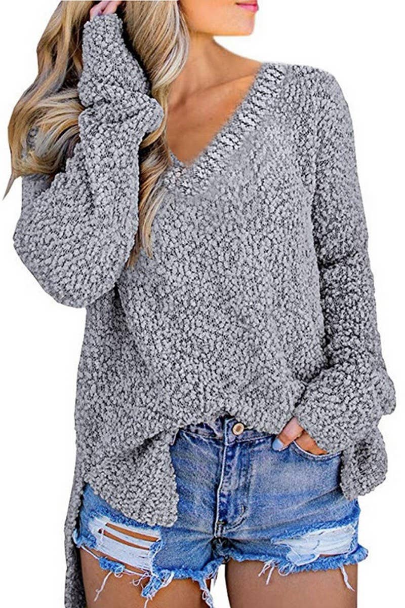 CWOSWL6820_GRAIN FLEECE V-NECK SPLIT PULLOVER SWEATER