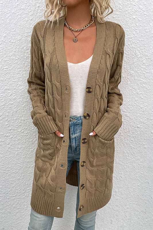 CWOCAL356 Button Down Cable Crew Neck Pullover Long Sweater