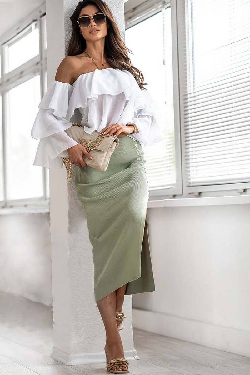 CWBMS0283_RIBBED TEMPERAMENT SLIT BUTTON SKIRT