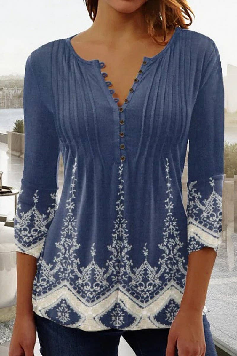 CWTTS1452_SPRING AND SUMMER V-NECK FLORAL BOTTOMING SHIRT