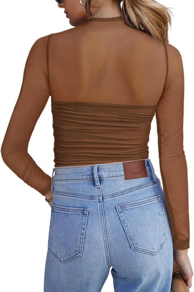 CWTBLL3695_HALF TURTLENECK SEE-THROUGH LONG SLEEVE MESH TOP