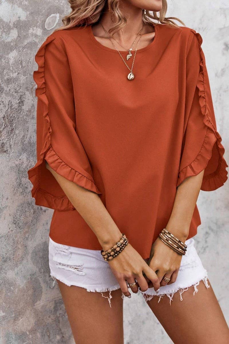 CWTBLS2263_LACE TRIM CREW NECK 3/4 SLEEVE ASYMMETRICAL TOP