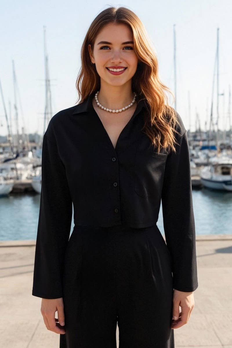 CWSTB1747_SOLID COLOR CROPPED SHIRT & PANTS SET FOR WOMEN