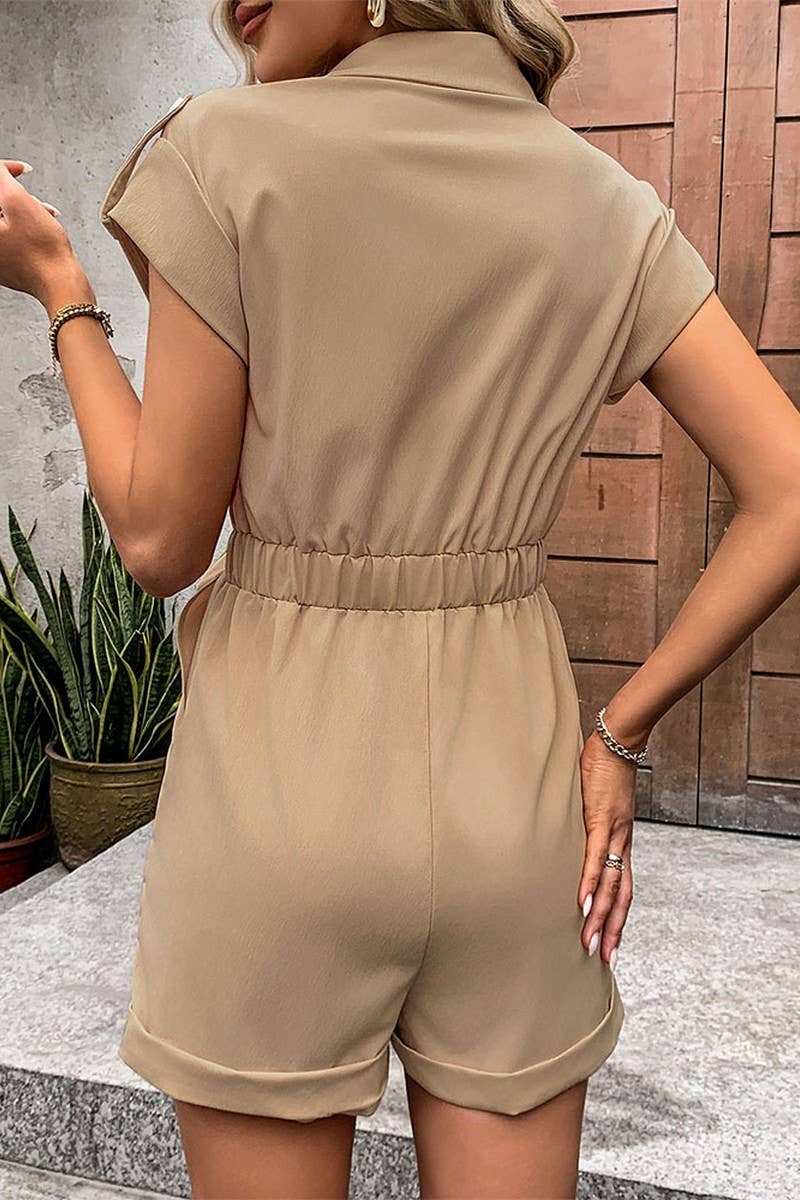 CWSR0090_SOLID COLOR COLLARED BUTTON UP SHORT SLEEVED ROMPER