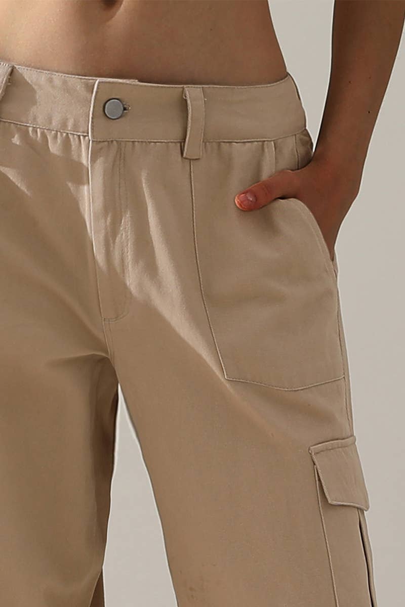 CWBLP421_Cargo Cotton Pants Wide Leg Casual Pants 4 Pockets