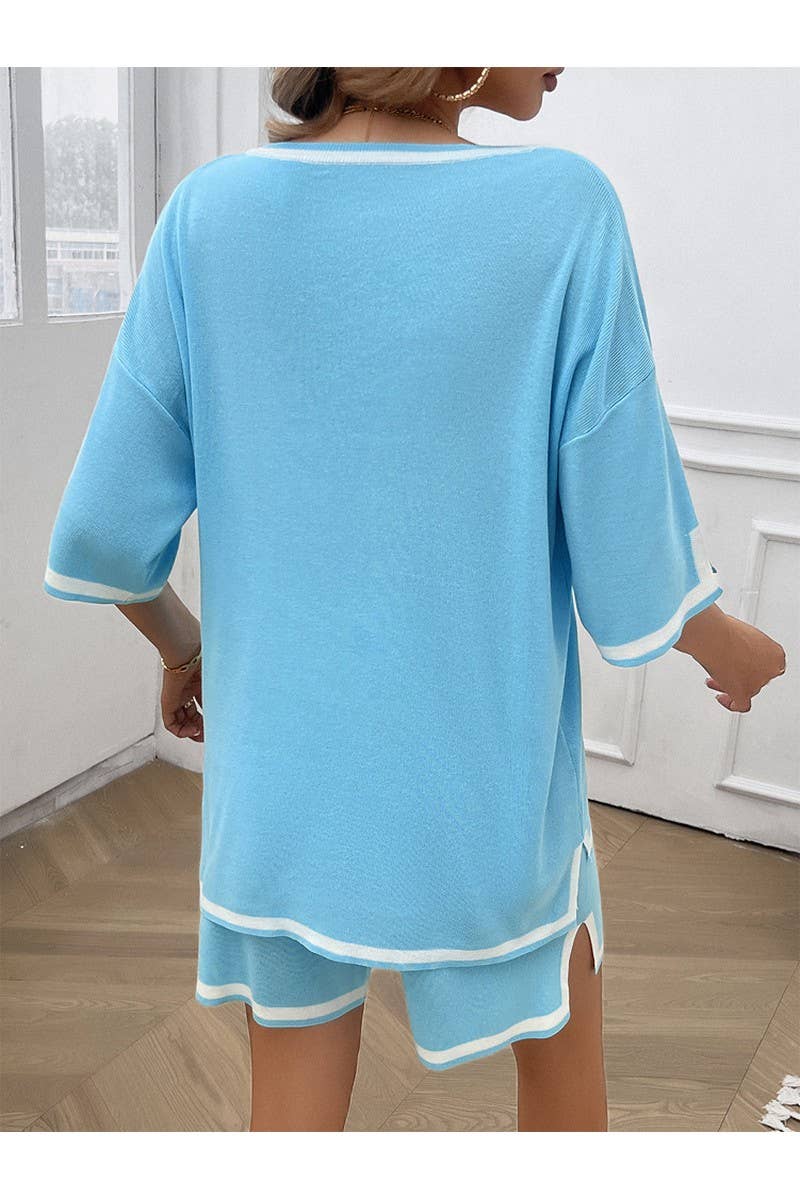 CWSTB0665_CASUAL LOOSE V-NECK SHORT SLEEVED SHORTS KNIT SET