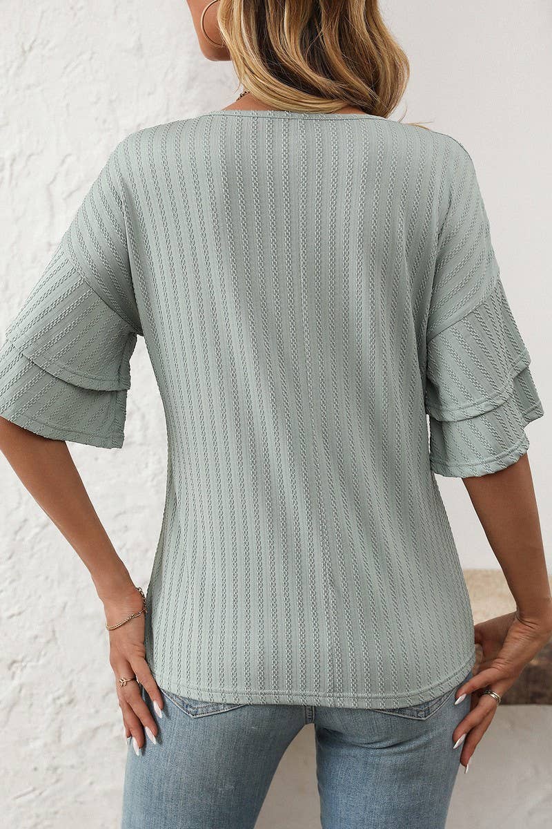 CWTBLS1713_SOLID COLOR V-NECK LOTUS SLEEVE T-SHIRT TOP