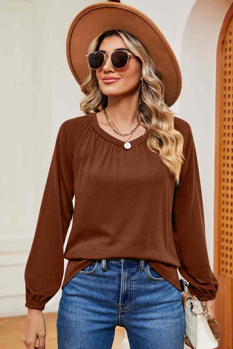 CWTBLL2840_CASUAL SOLID COLOR PLEATED LONG SLEEVE TOP