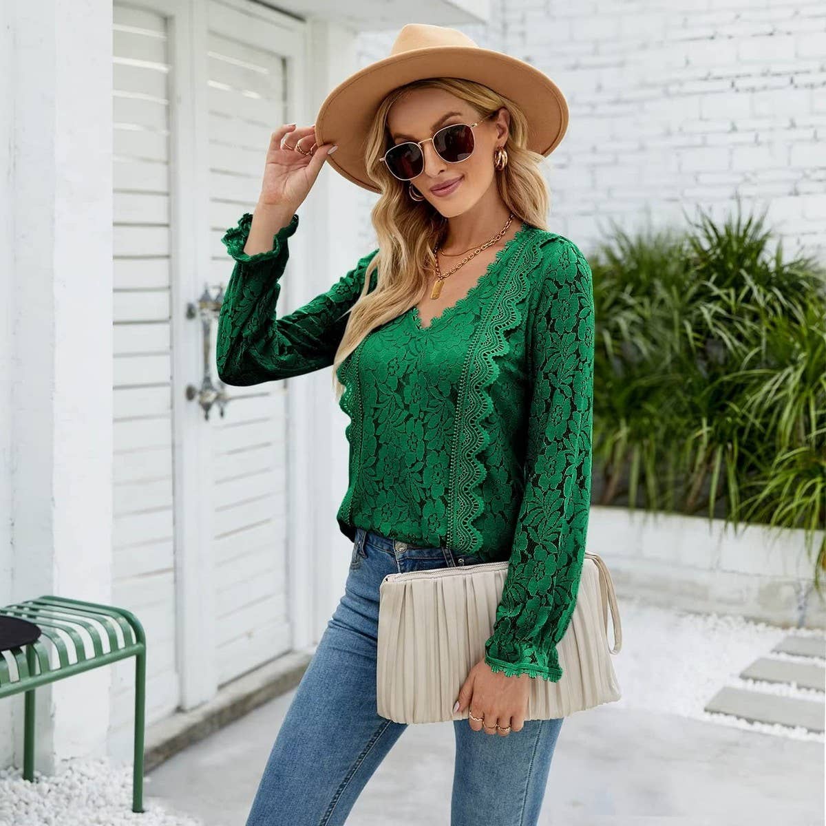 Cut-out lace sexy long sleeve lace top