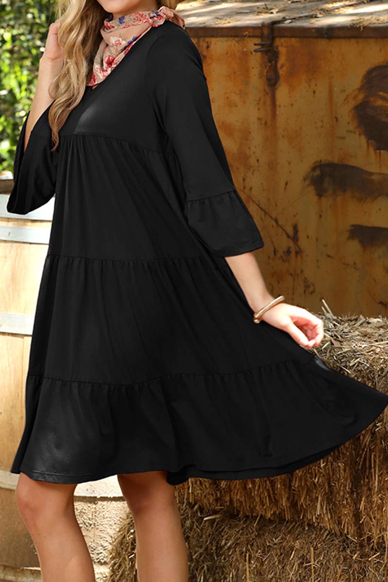 CWDSD10353_V NECK 3 TIERED WITH RUFFLE SLEEVE DRESS