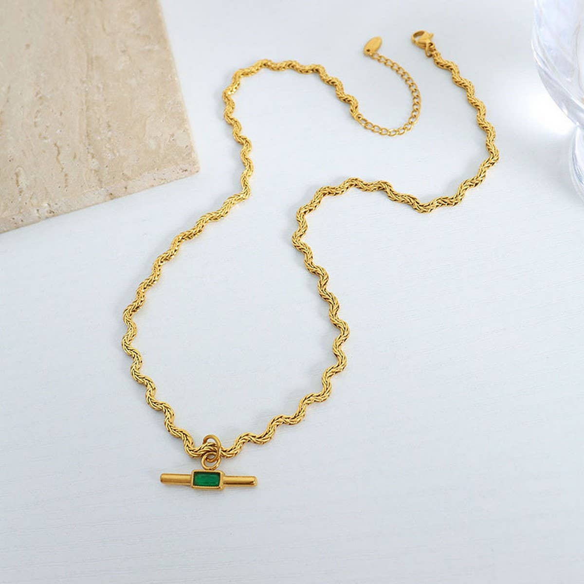 SIMPLE GLASS STONE TITANIUM STEEL PENDANT NECKLACE_CWAJE1076