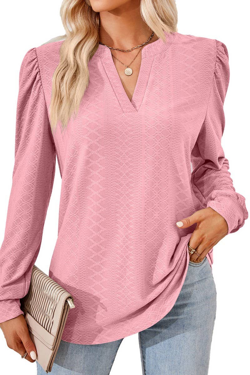 CWTBLL2374_SOLID COLOR V-NECK JACQUARD LONG-SLEEVED TOP