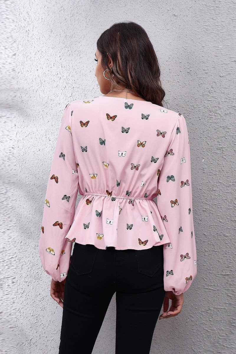 CWTBLL0707_V-Neck Long Sleeve Print Blouse