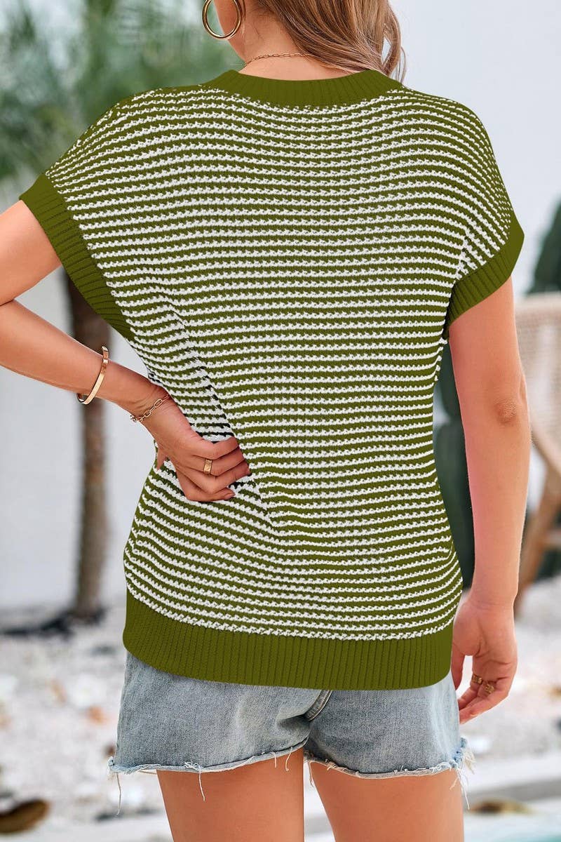 CWTTS1364_SUMMER CREW NECK CASUAL STRIPED KNITTED TOP