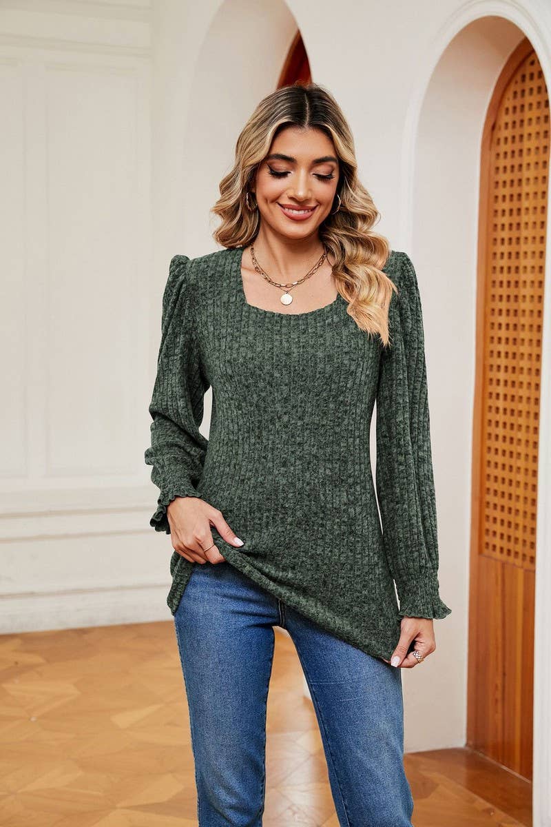 CWTBLL2404_SQUARE NECK LONG SLEEVE RIBBED RUFFLE SLEEVE TOP