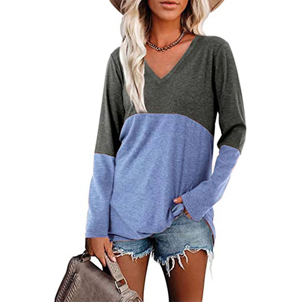 Color contrast patchwork V-neck long sleeve Tshirt