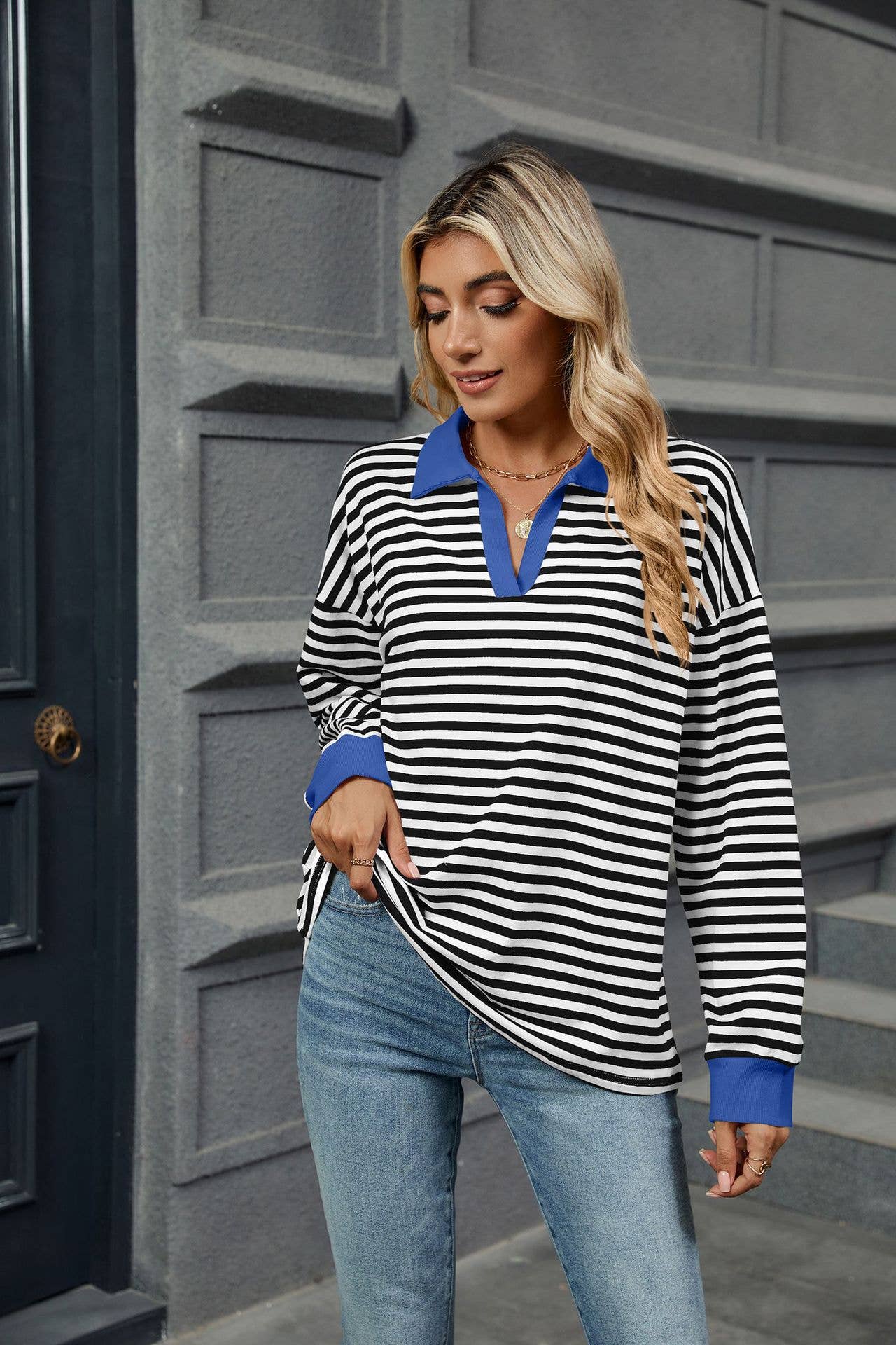 Color-blocking lapel long-sleeved striped hoodie
