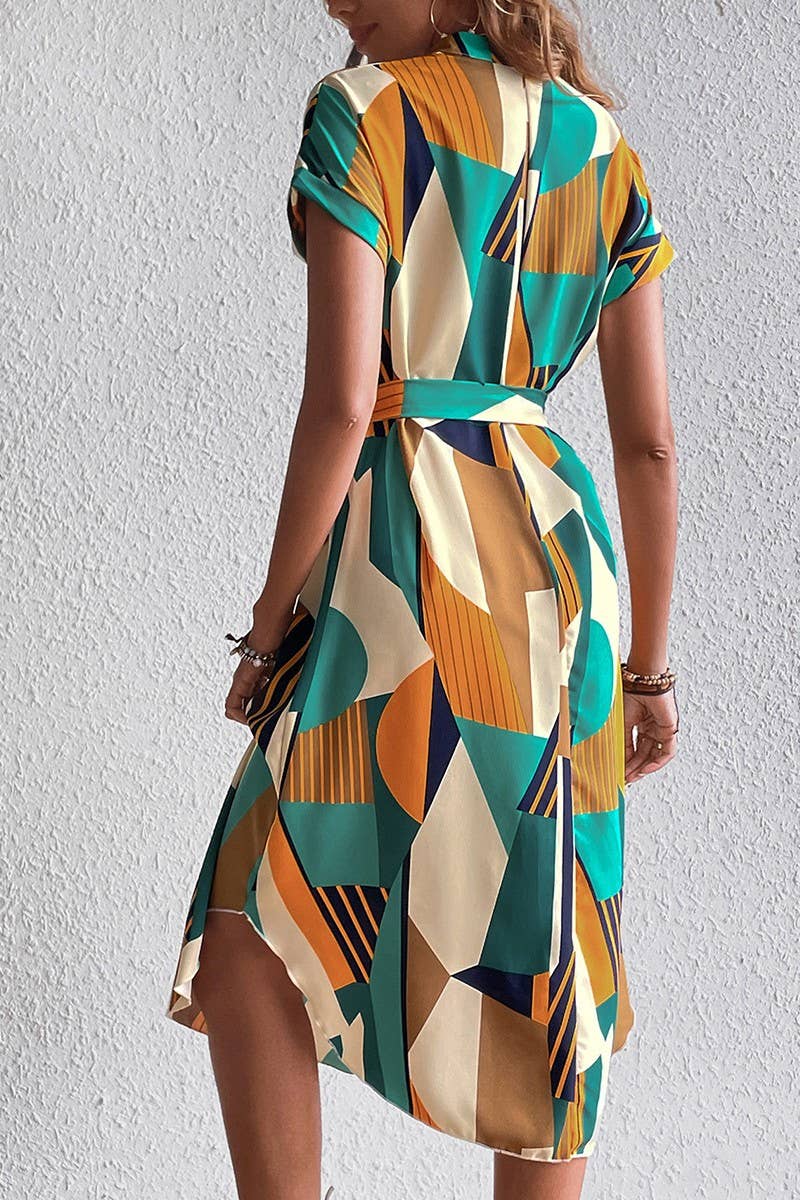 CWDSD7880_COLORBLOCK BELTED SHORT SLEEVE MIDI DRESS