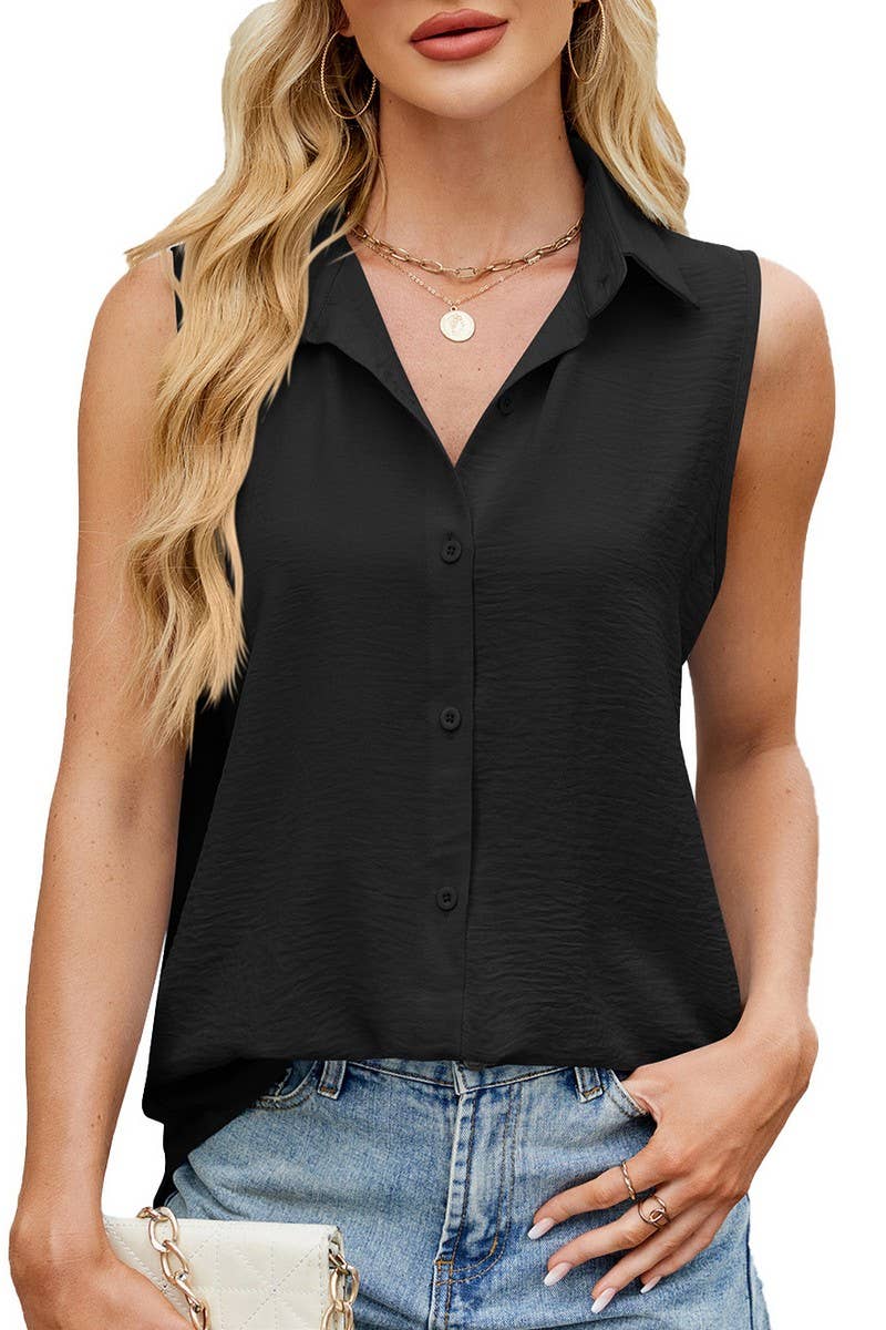 CWTBLSL0678_SOLID COLOR LAPEL BUTTON VEST CHIFFON TOP