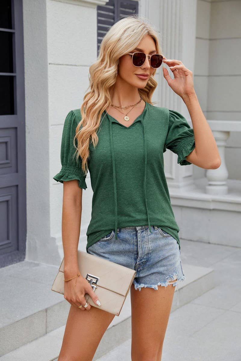 CWTTS0845_V-Neck Ruffle Short Sleeve Blouse
