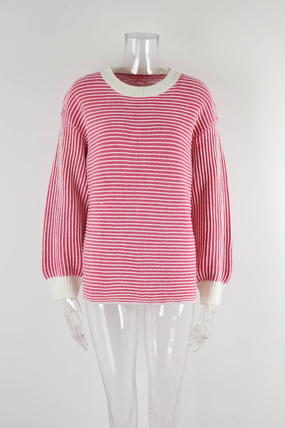 COLOR-MATCHING CREW-NECK PULLOVER STRIPED SWEATER