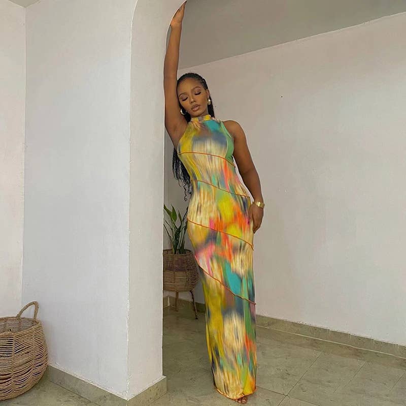 Crew neck sleeveless print slim-fit dress