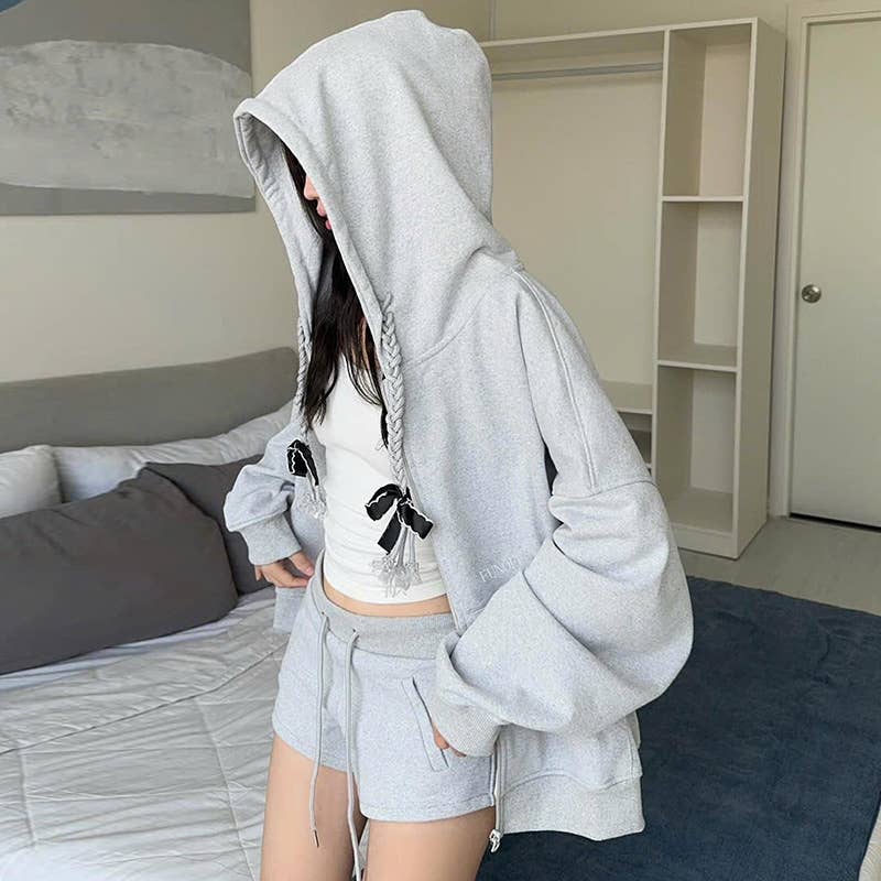 BRAID DRAWSTRING LOOSE ZIPPER CARDIGAN HOODIE