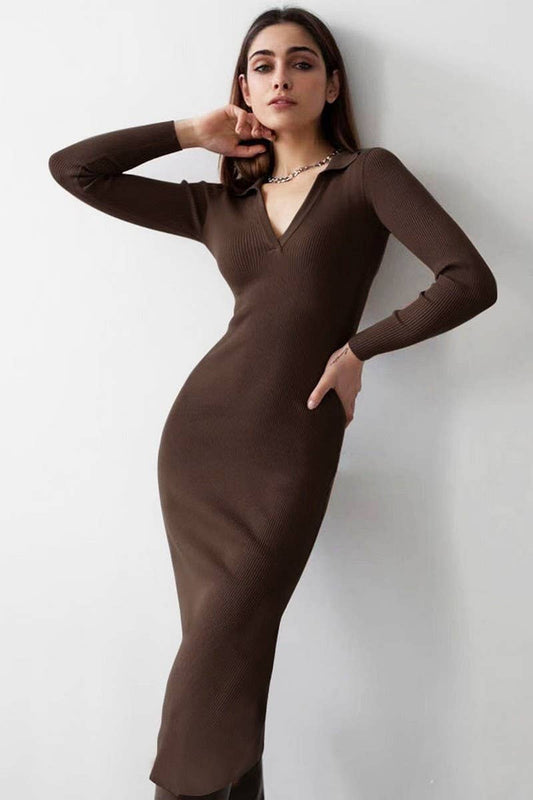 CWDMD4901_SOLID COLOR DEEP V LAPEL SLIM DRESS
