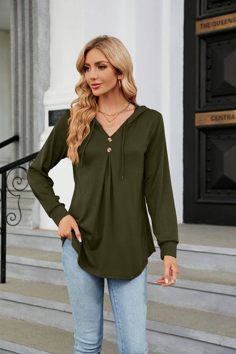CWOHOL0932_SOLID COLOR V-NECK BUTTON HOODED LOOSE SWEATSHIRT