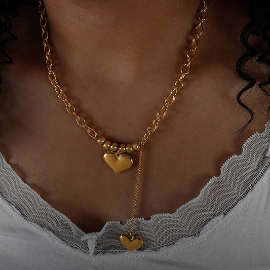 TITANIUM STEEL DOUBLE HEART PENDANT NECKLACE