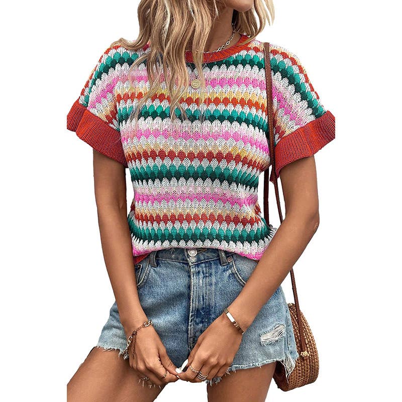 COLOR-MATCHING KNITTED SHORT-SLEEVED T-SHIRT
