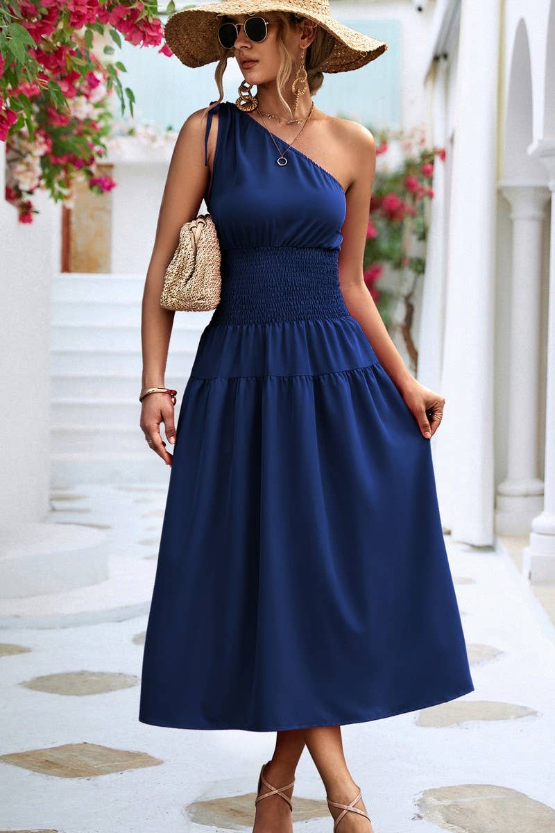 CWDMD2774_SOLID ONE SHOULDER PLEATED MIDI DRESS