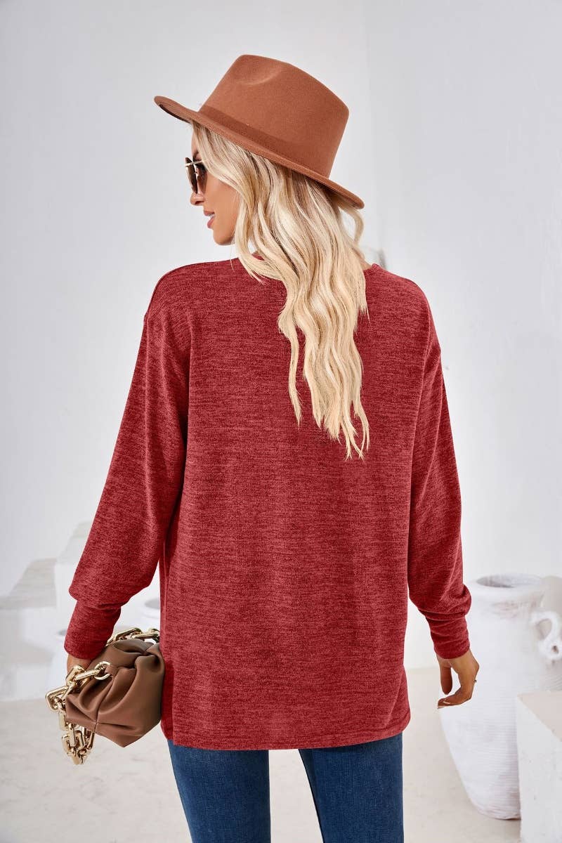 CWTBLL2685_AUTUMN V-NECK LONG SLEEVE SOLID COLOR TOP