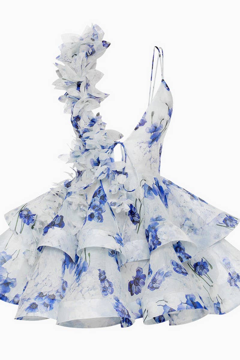 CWDSD8559_SLIM FIT V-NECK HALTER BACKLESS FLORAL SKIRT DRESS