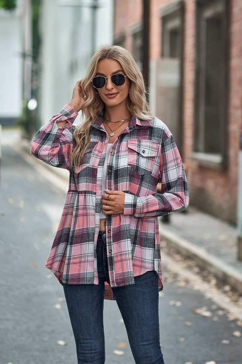 CWTSTL2484_LAPEL LONG SLEEVE POCKET CASUAL PLAID SHIRT