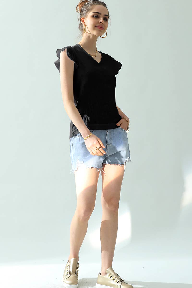 CWTTS688_V NECK BUTTERFLY RUFFLE TUNIC TOP