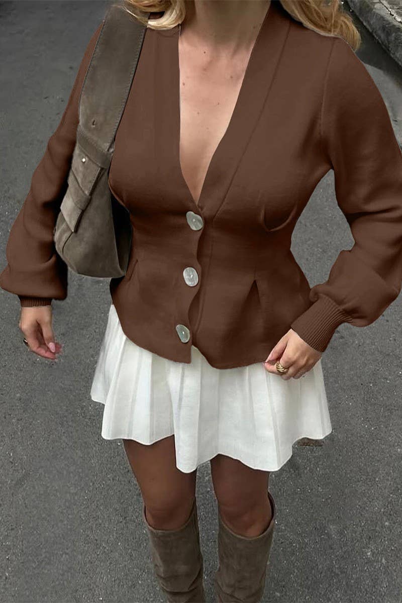 CWOSWL07509_V-NECK BUTTON LONG-SLEEVED KNITTED SWEATER