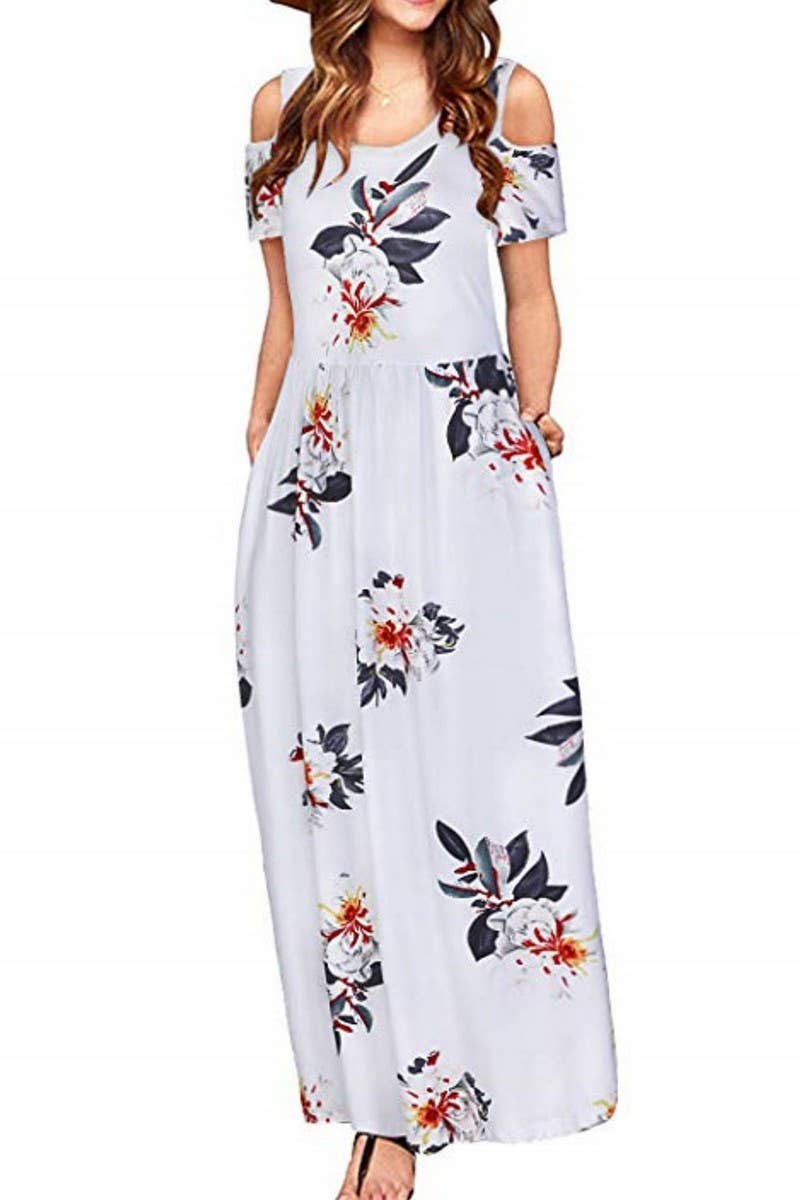 CWDMD2070_ROUND NECK FASHIONABLE SHORT SLEEVE LONG DRESS