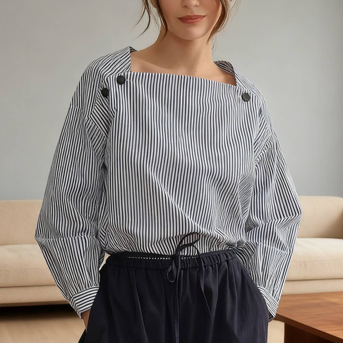 Commuter fold wear stripe long sleeve blouse