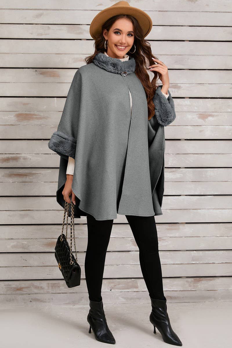 CWOCO0950_SOLID COLOR FUR COLLAR CAPE COAT